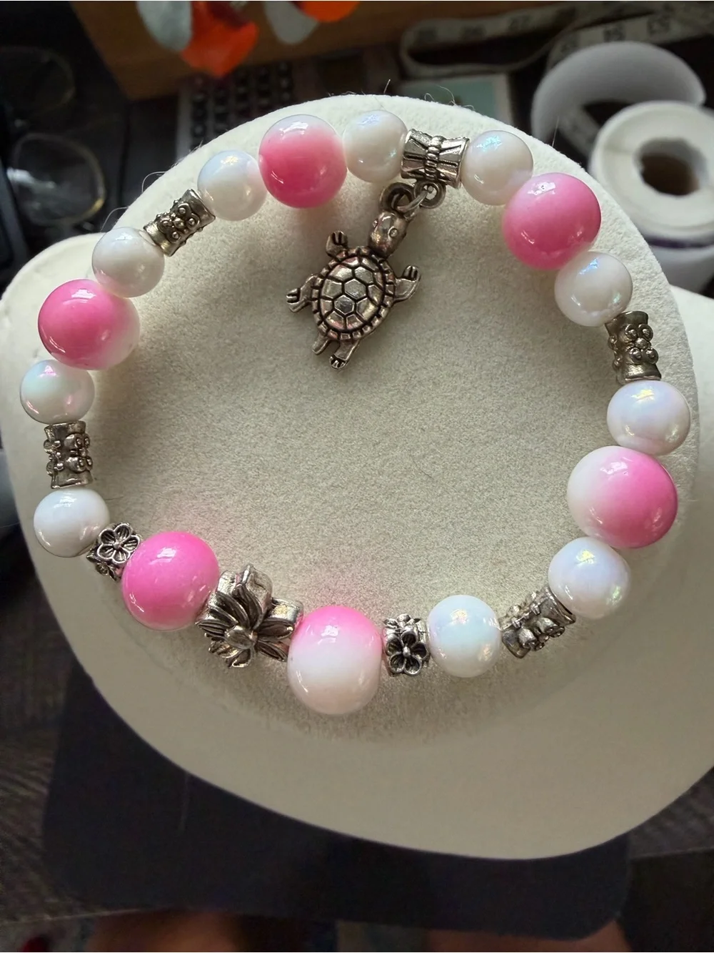 Handmade Pink & White Beaded Turtle Charm Bracelet